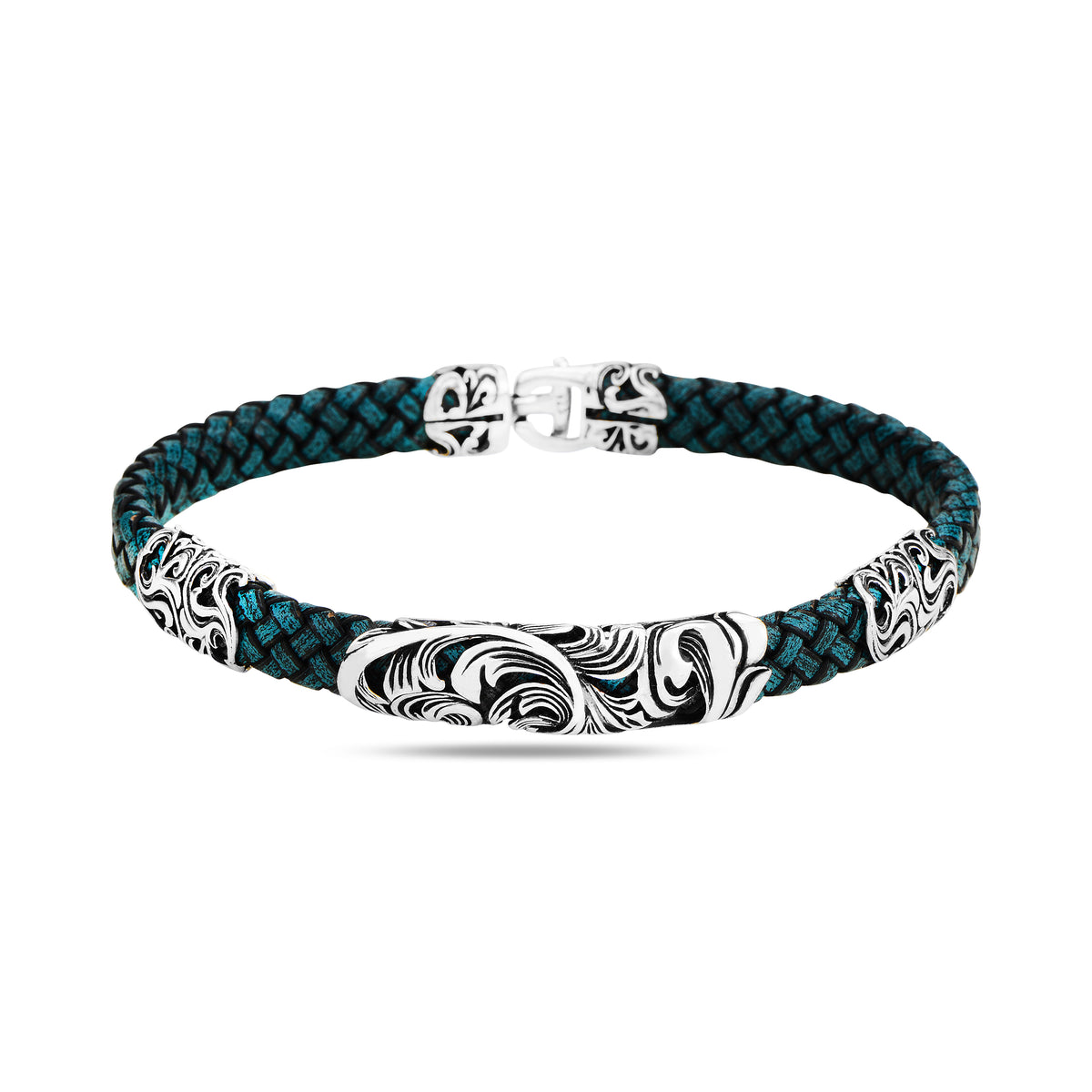 Pulsera de cuero verde grabada hecha a mano en plata