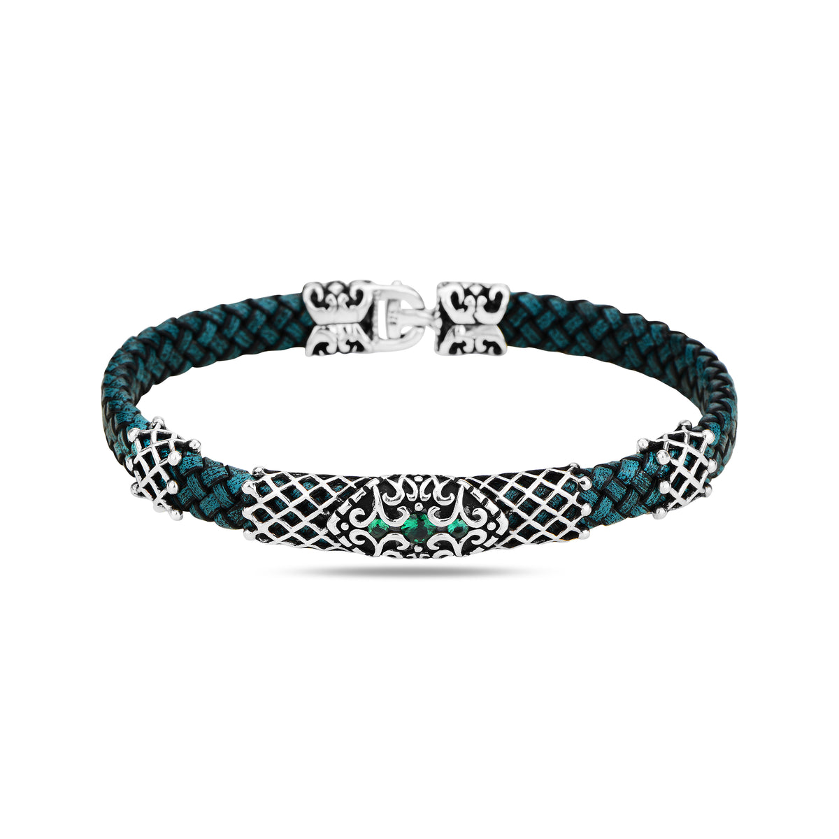 Silbernes Smaragdstein-Grünes Lederarmband