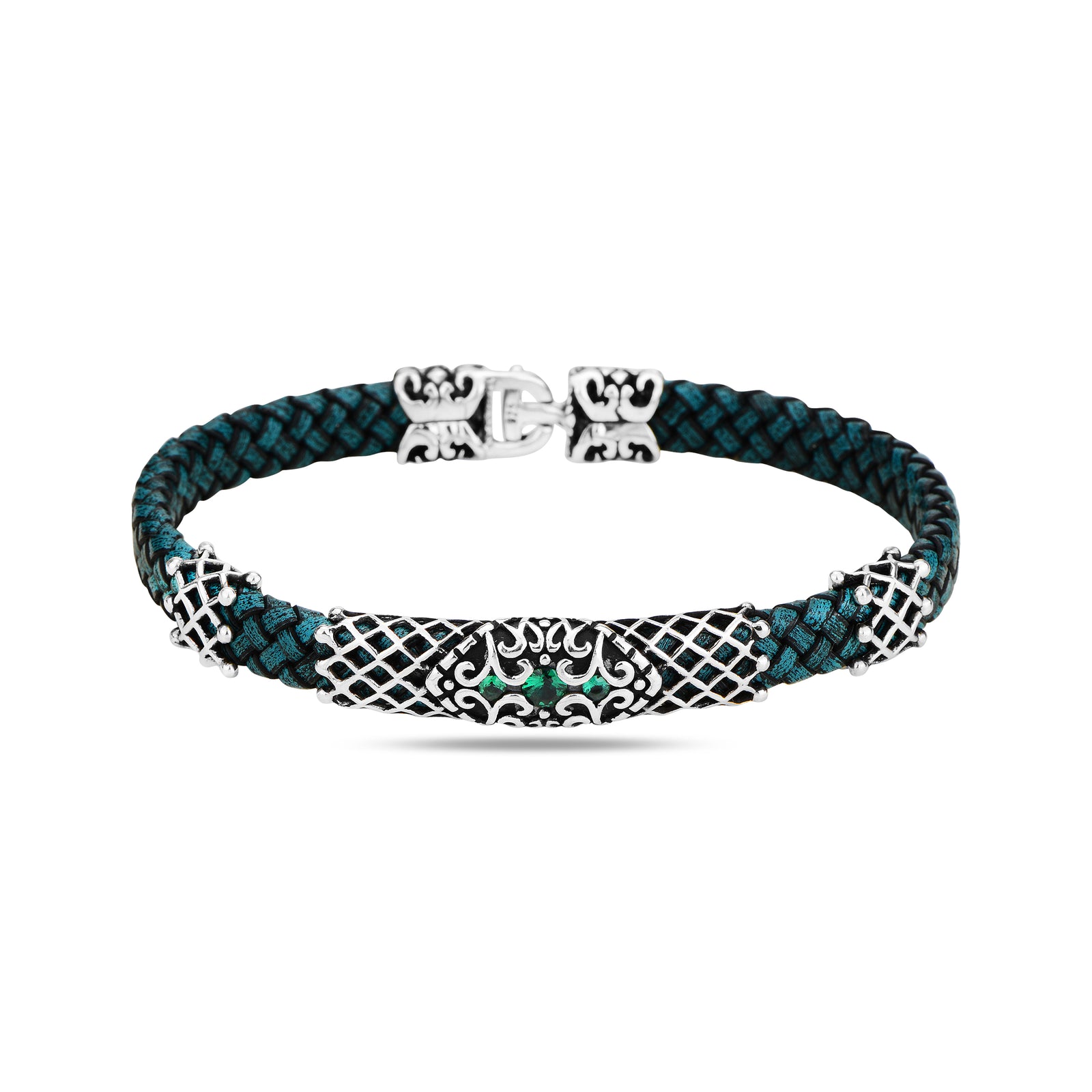 Silbernes Smaragdstein-Grünes Lederarmband