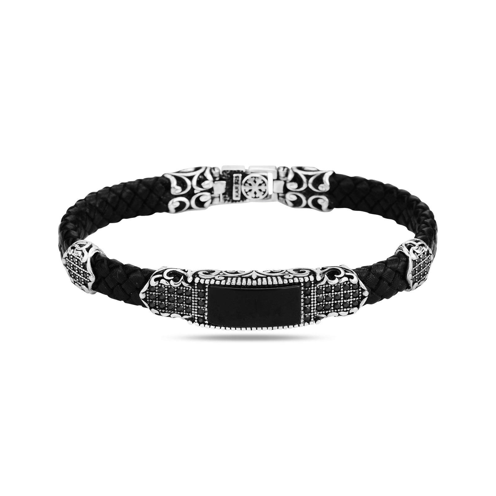 Pulsera de cuero con piedra de ónix hecha a mano en plata