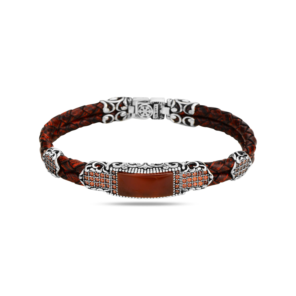 Silver Handmade Red Ruby Stone Leather Bracelet