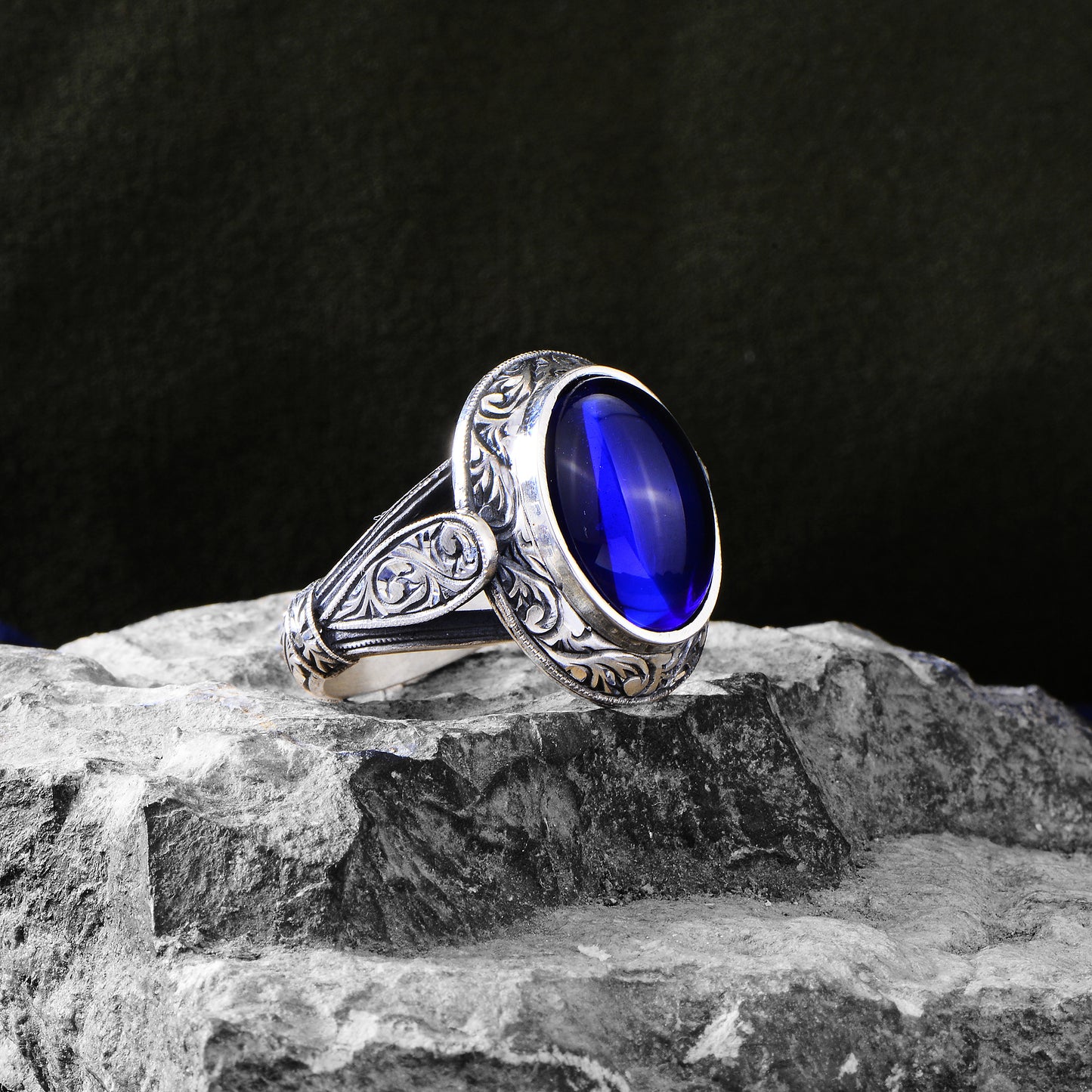 Men Handmade Engraved Sapphire Stone Ring