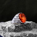 Silver Handmade Engraved Natural Amber Gemstone Ring