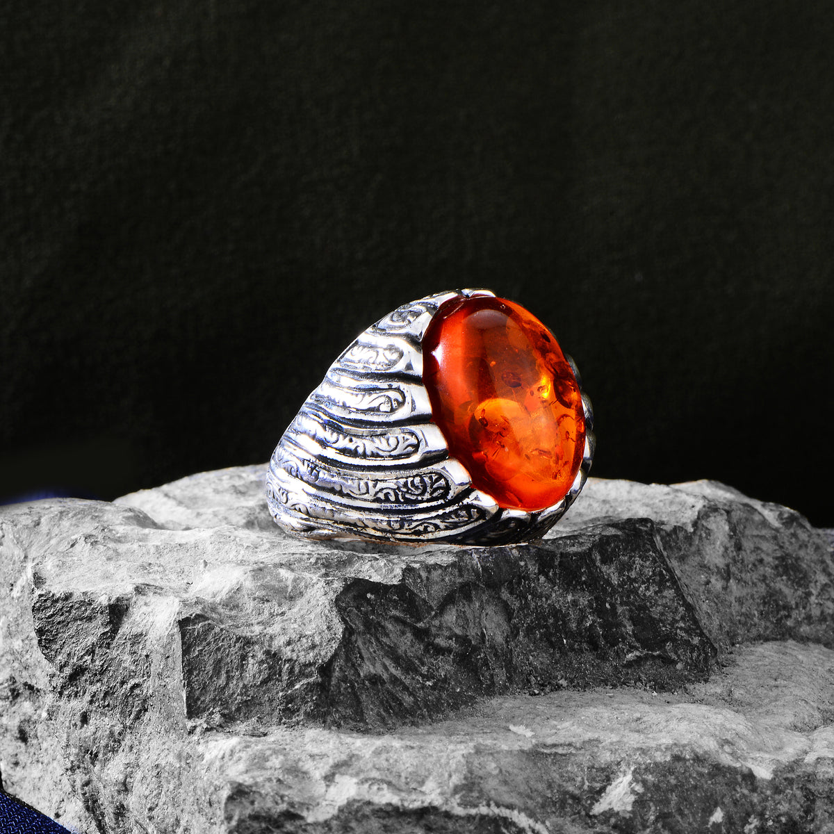 Silver Handmade Engraved Natural Amber Gemstone Ring