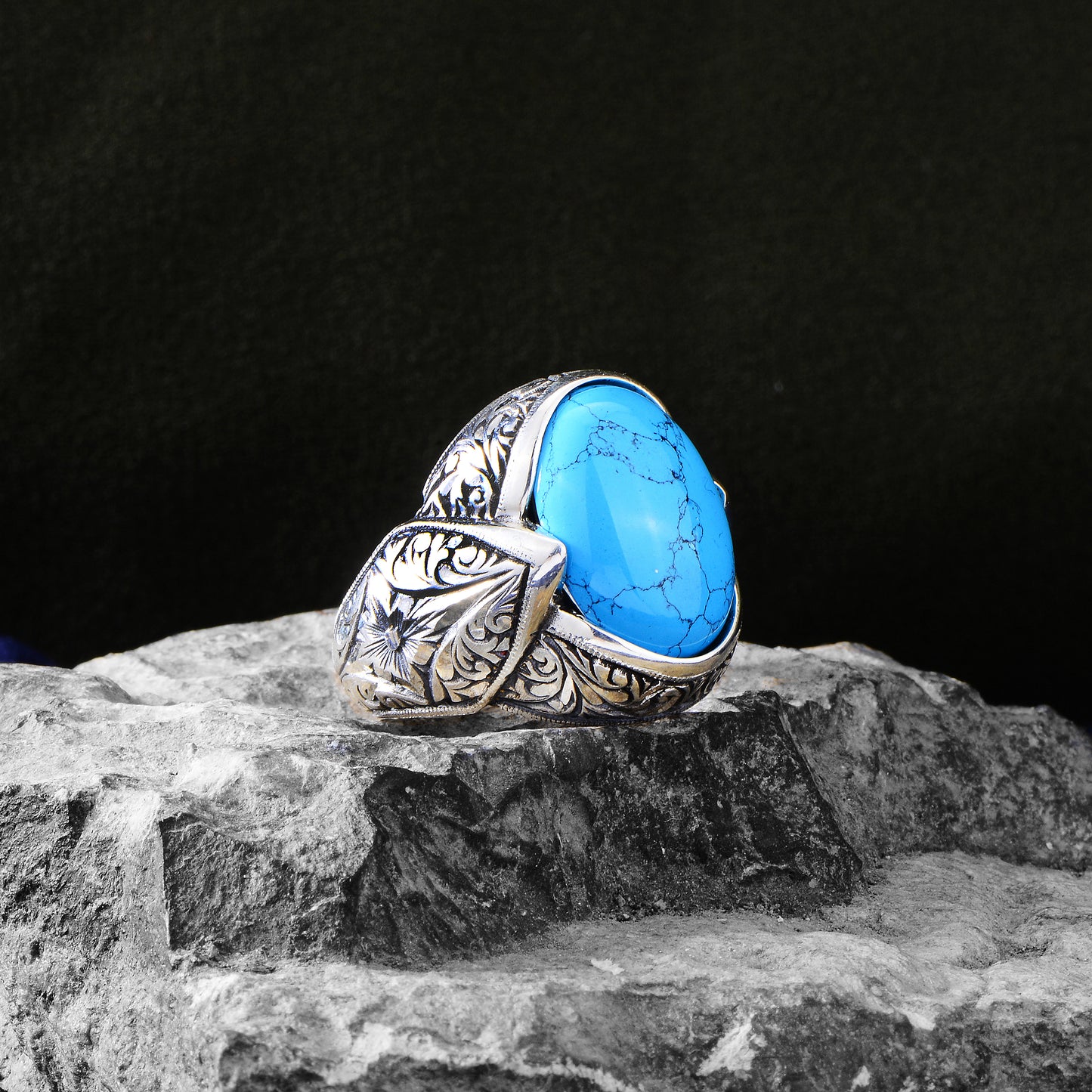 Silver Handmade Engraved Turquoise Stone Ring