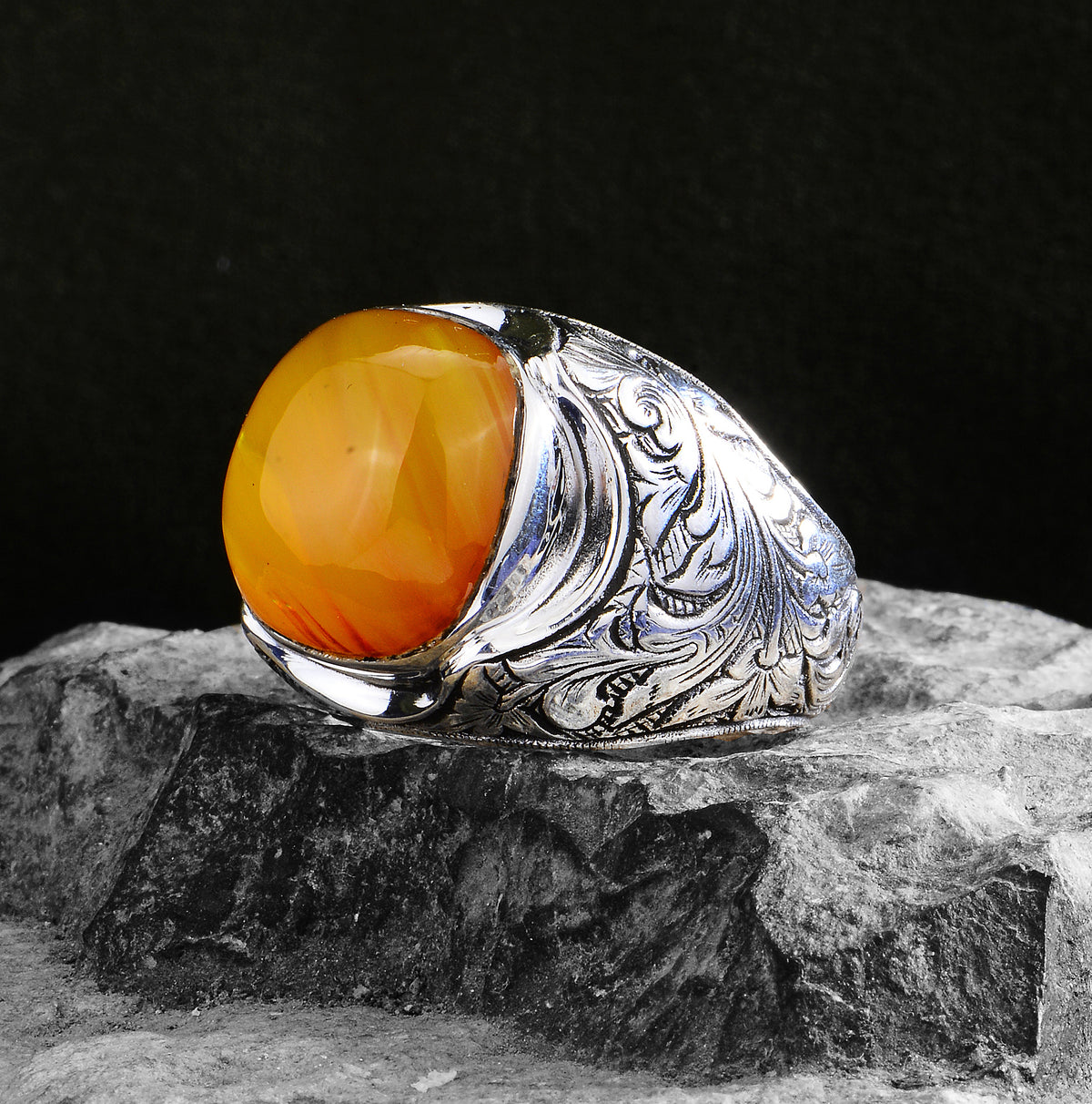 Silver Natural Amber Gemstone Engraved Ring
