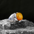 Silver Natural Amber Gemstone Engraved Ring