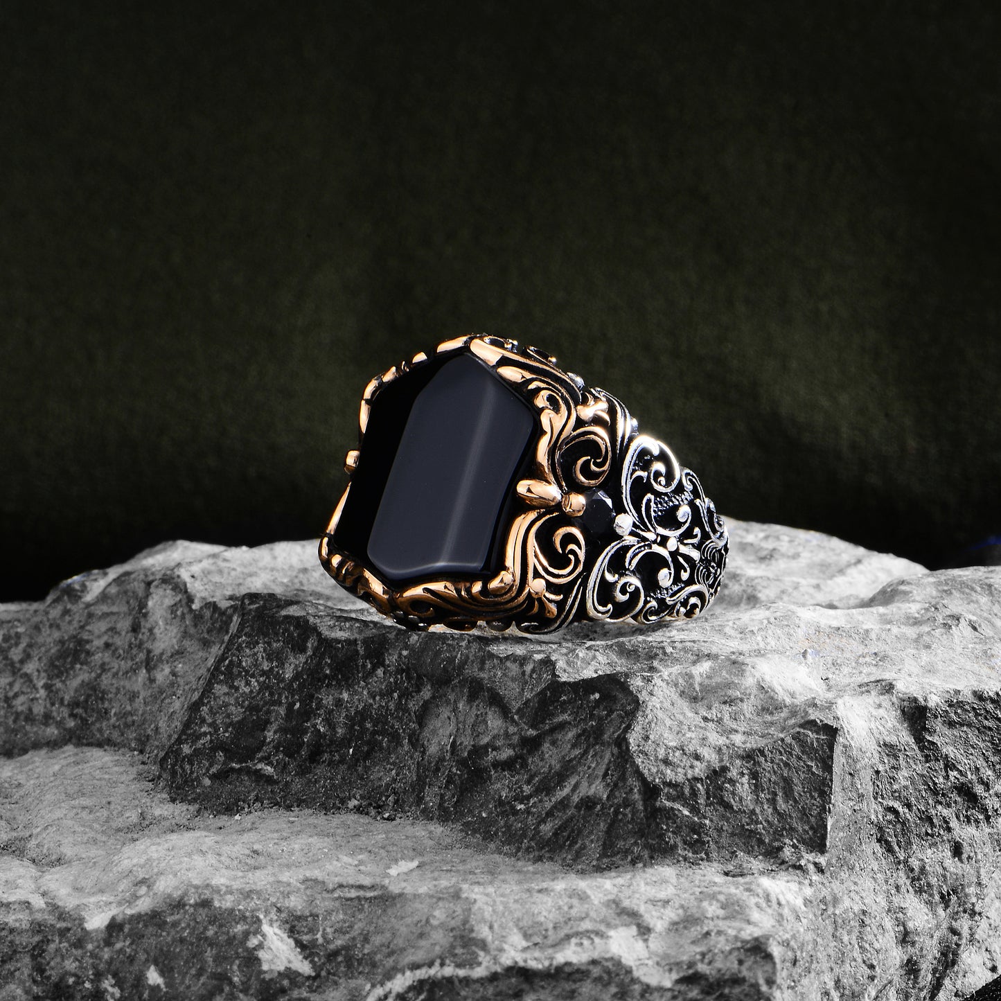 Silver Shield Onyx Gemstone Engraved Ring