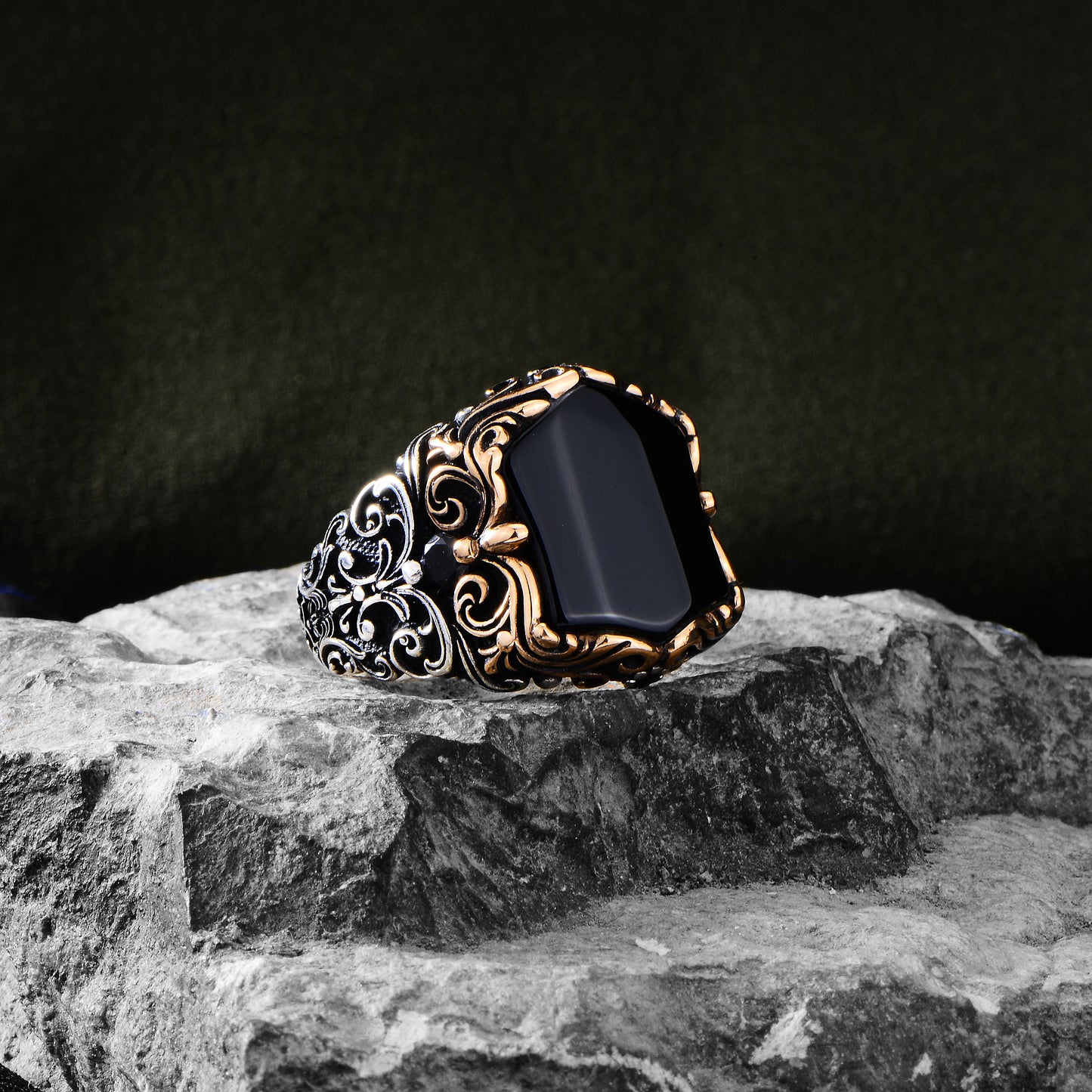 Silver Shield Onyx Gemstone Engraved Ring