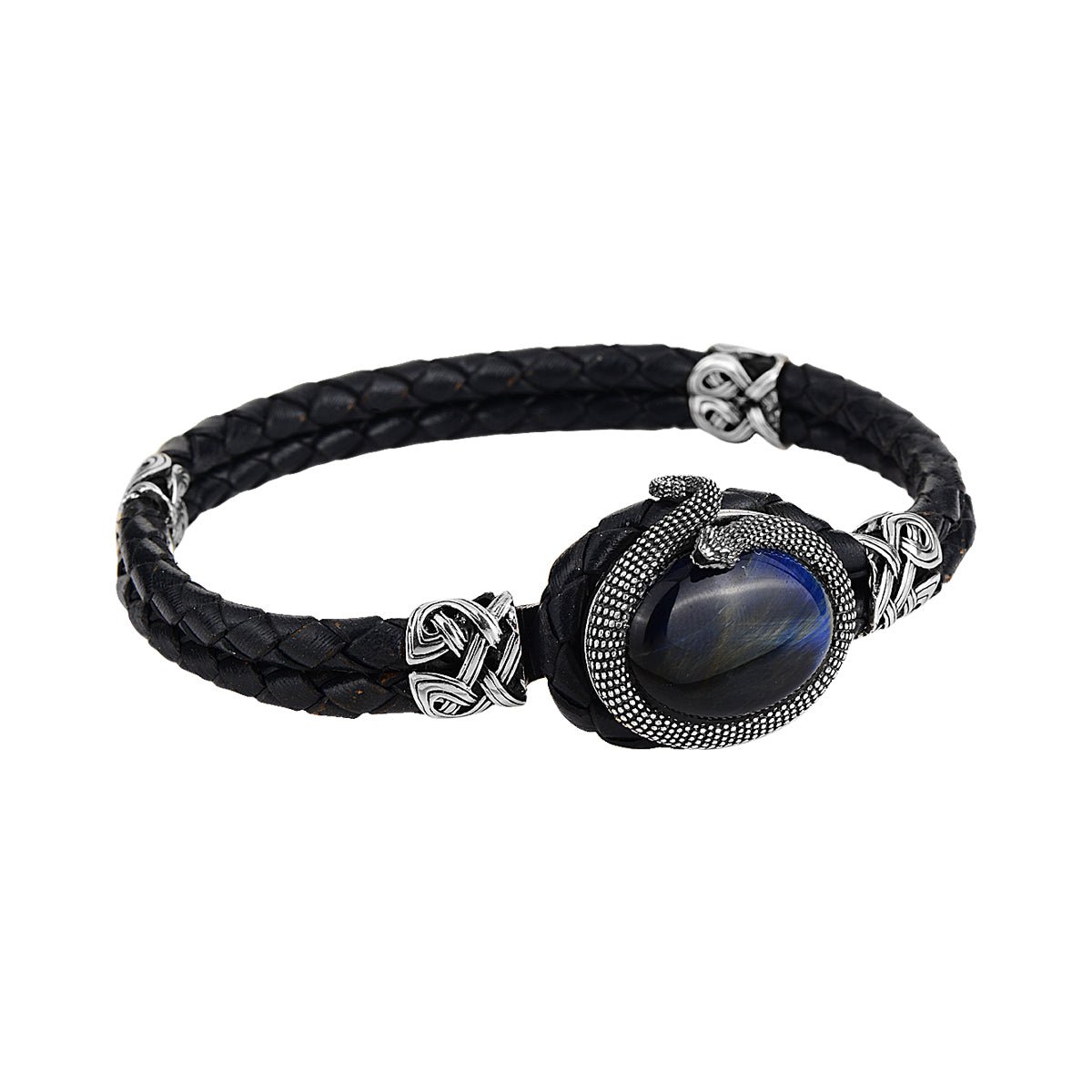 Silver Blue Tiger Eye Stone Leather Bracelet