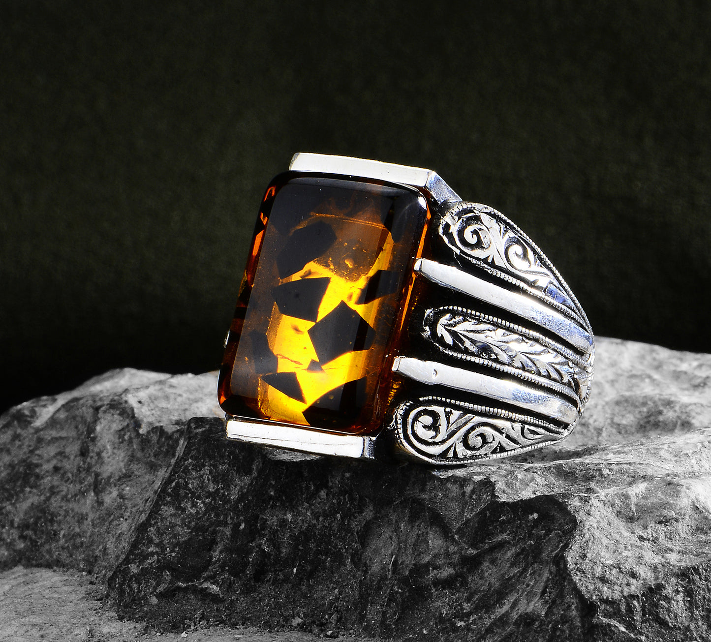 Silver Engraved Natural Amber Gemstone Ring