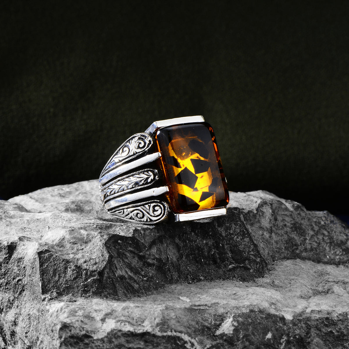 Silver Engraved Natural Amber Gemstone Ring
