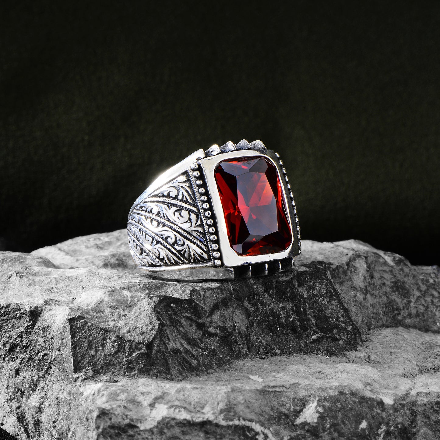 Silver Engraved Red Ruby Stone Men Ring