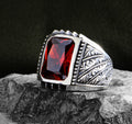 Silver Engraved Red Ruby Stone Men Ring