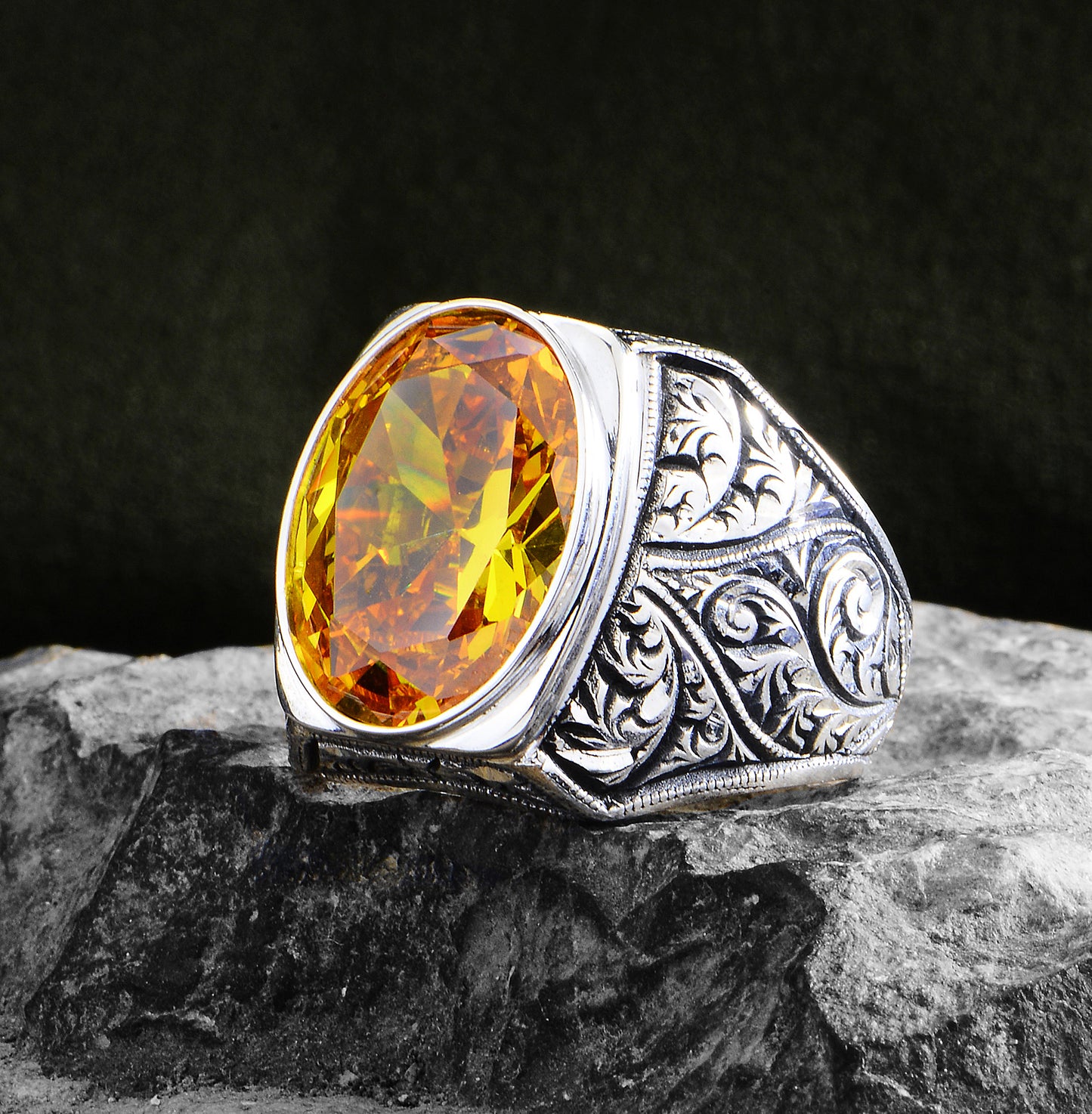 Silver Hand Engraved Yellow Citrine Stone Ring