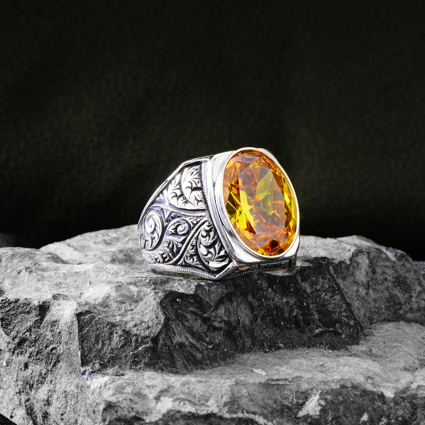 Silver Hand Engraved Yellow Citrine Stone Ring