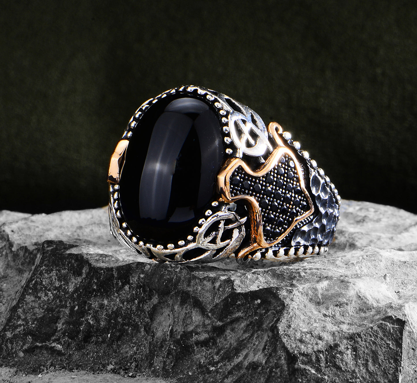 Silver Black Micro Onyx & Oval Onyx Gemstone Men Ring