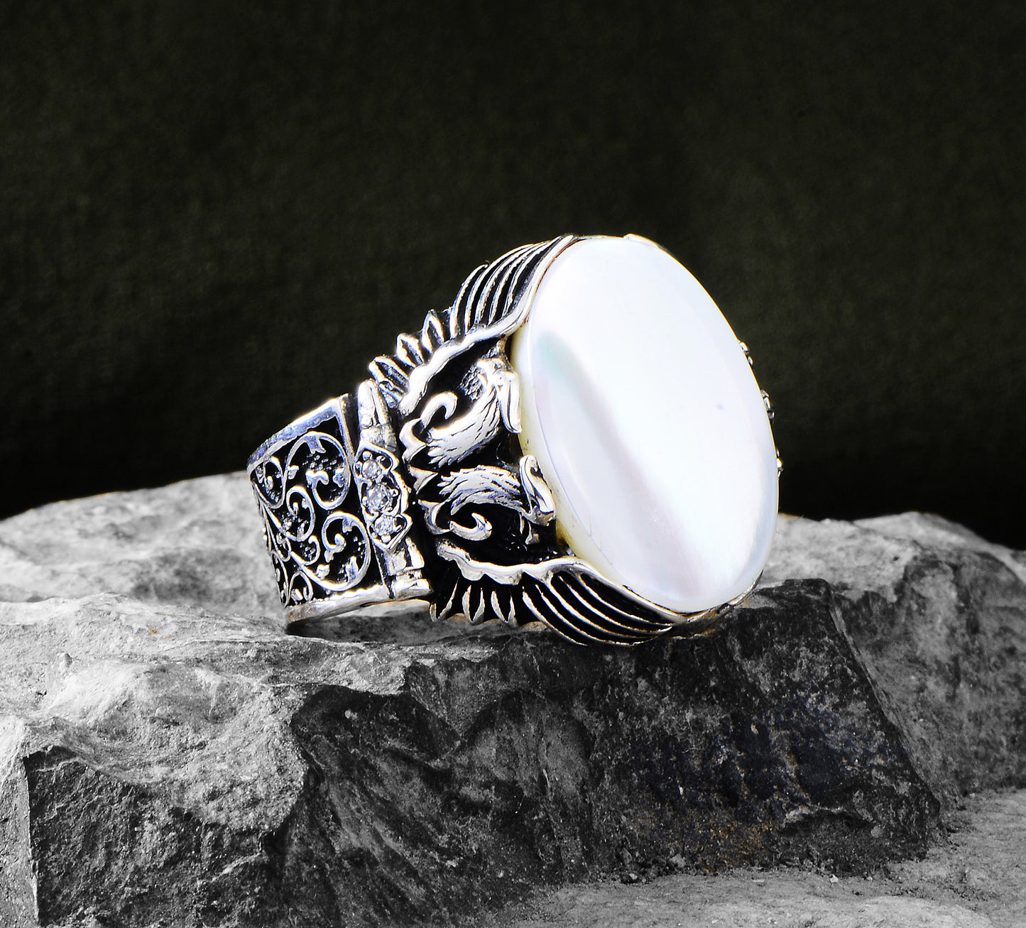 Silver Handmade Eagle Mother Of Pearl Ring