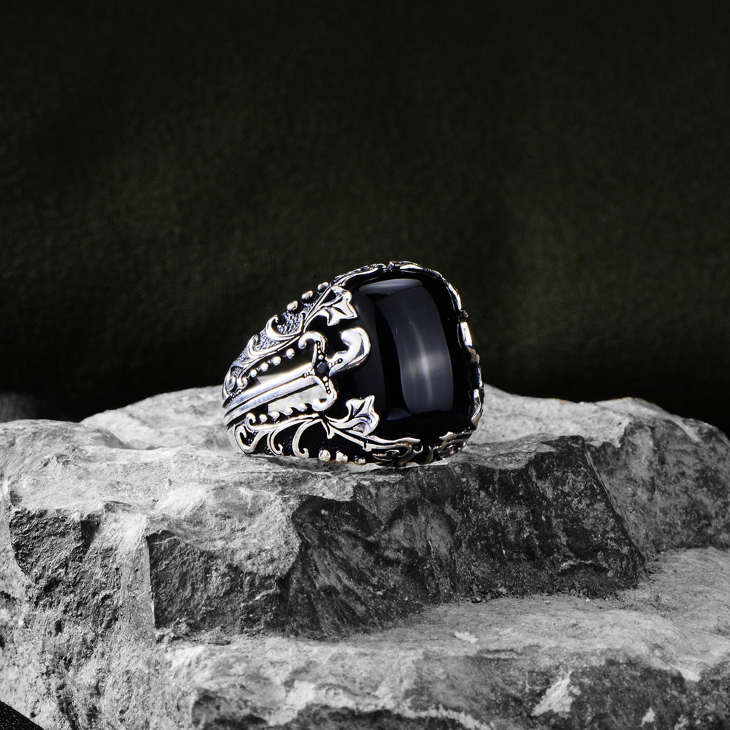 Silver Handmade Sword Model Onyx Gemstone Ring