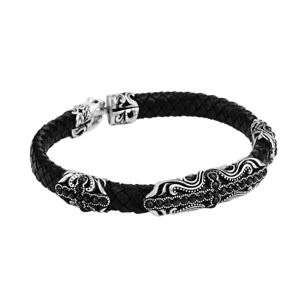 Handgefertigtes silbernes Lederarmband mit schwarzem Zirkonstein