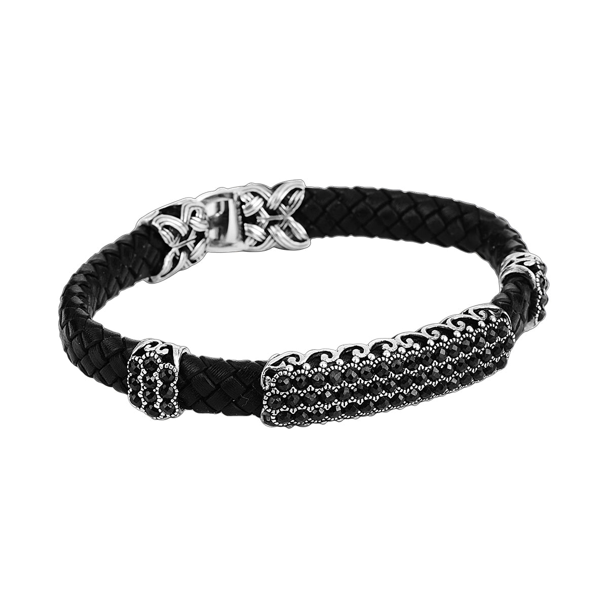 Silbernes handgefertigtes schwarzes Lederarmband