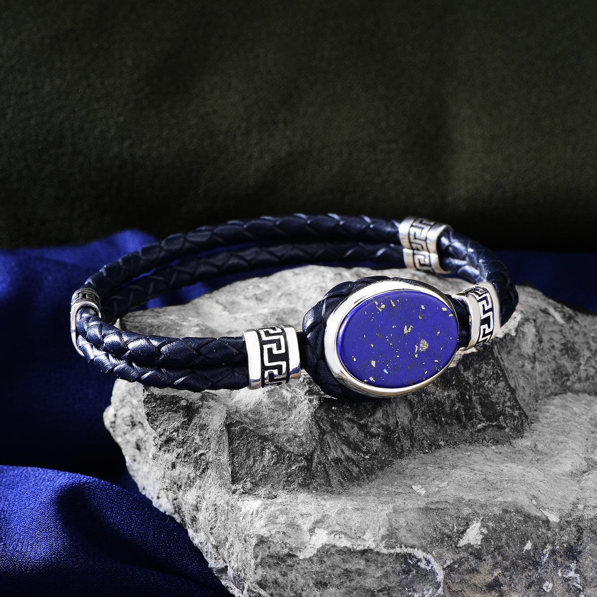 Silbernes blaues Lapislazuli-Lederarmband
