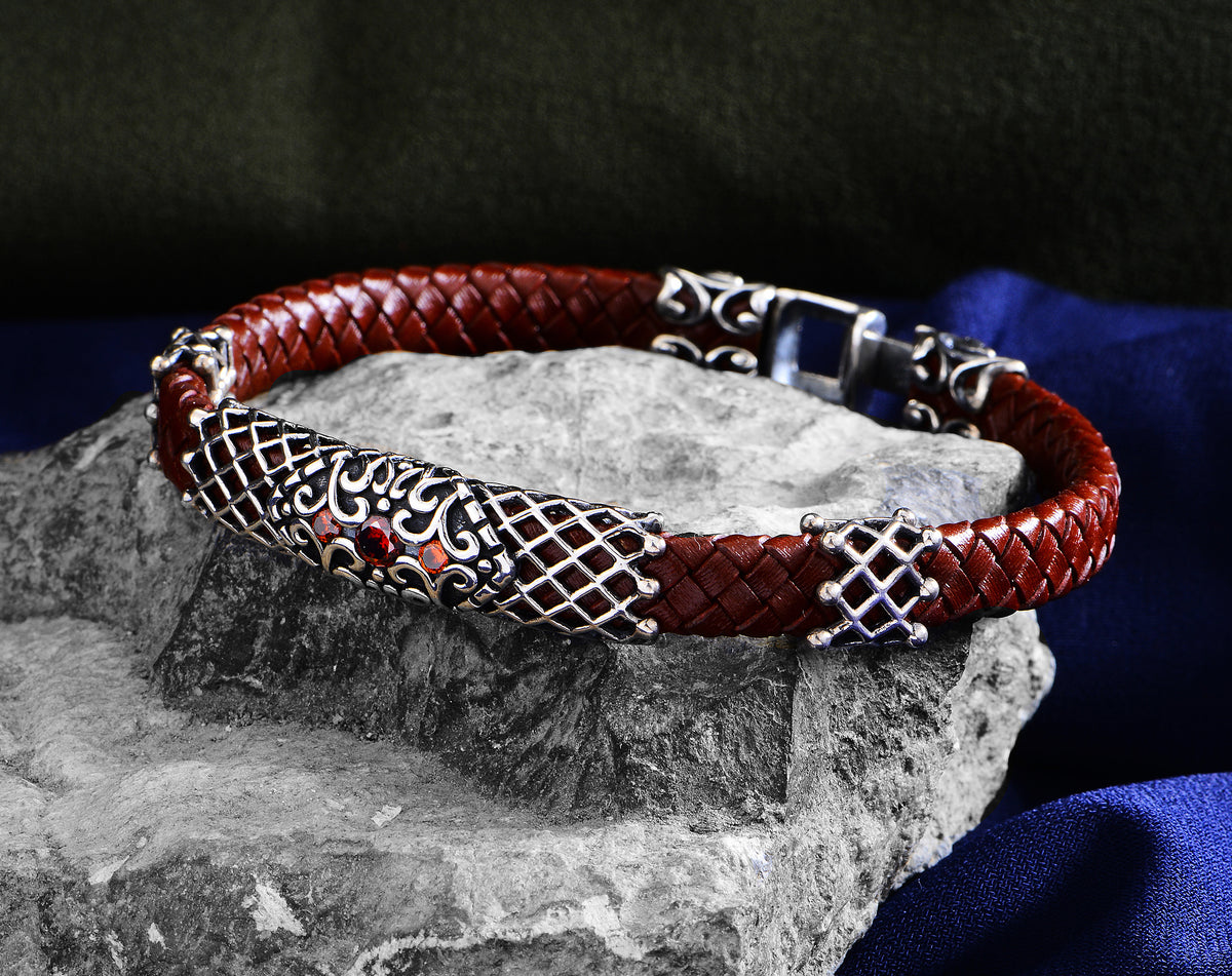 Silver Handmade Ruby Stone Red Leather Bracelet