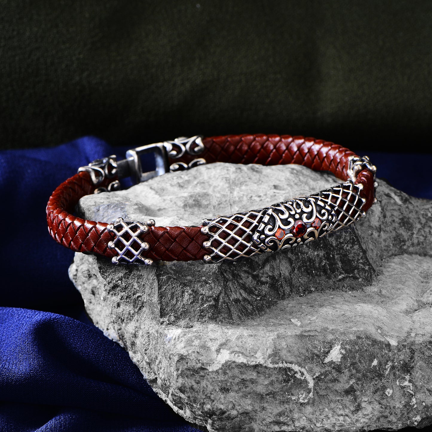 Silver Handmade Ruby Stone Red Leather Bracelet