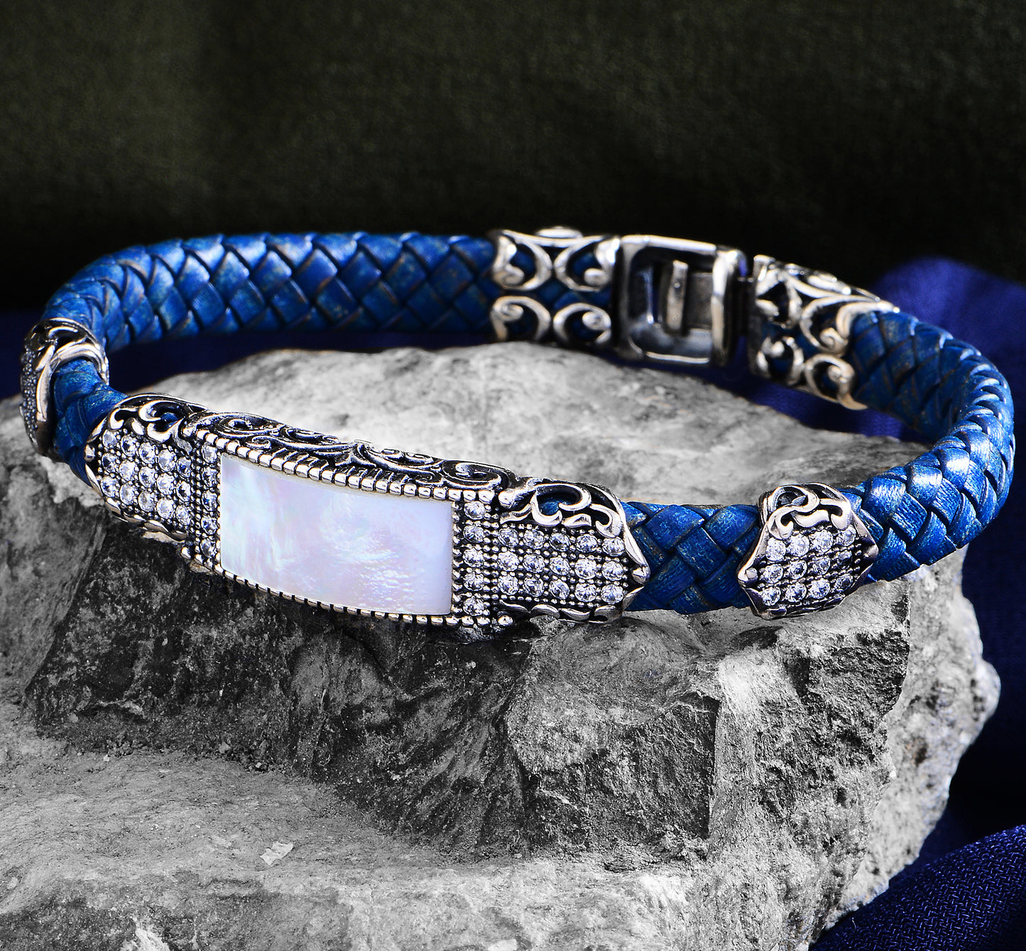 Silver Blue Leather Mother Of Pearl Bracelet