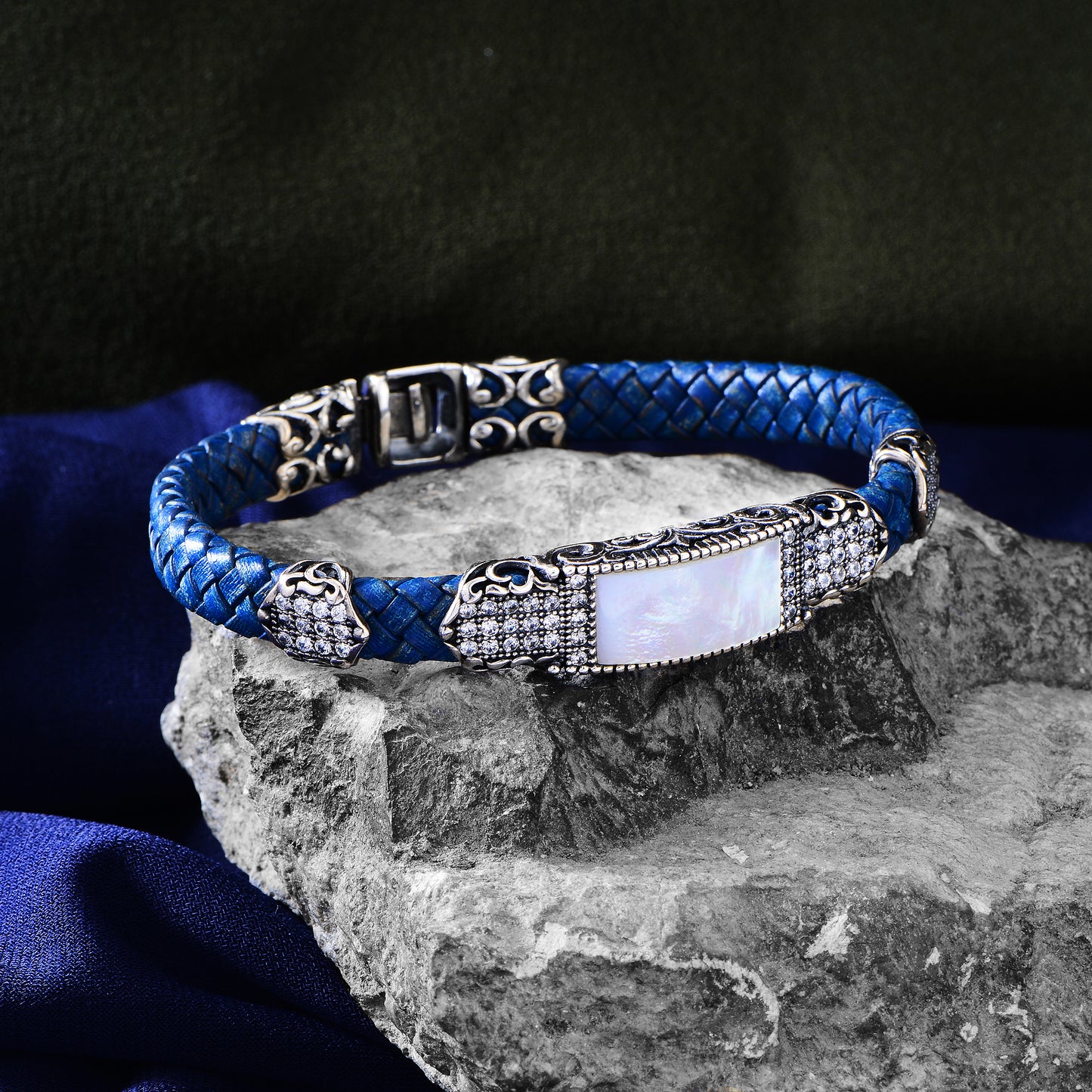 Silver Blue Leather Mother Of Pearl Bracelet