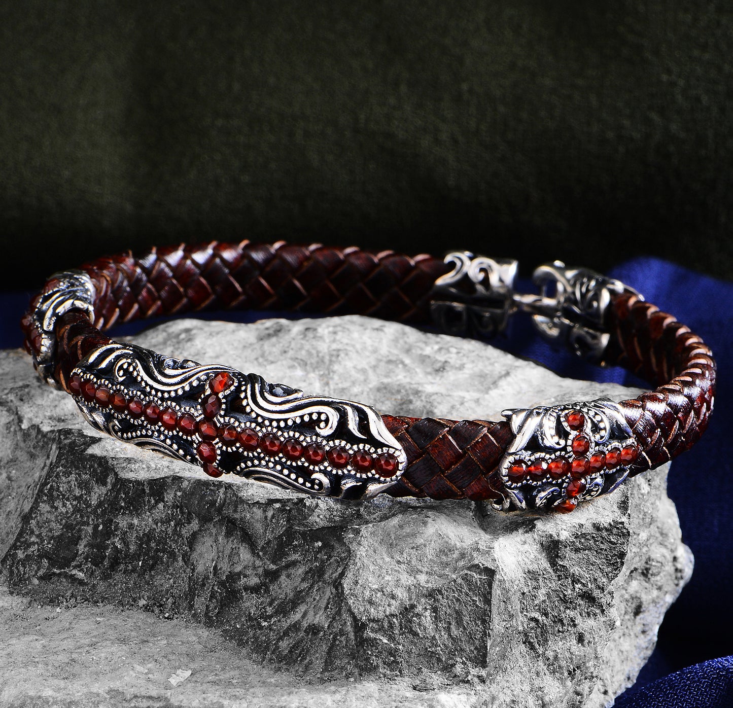 Silver Handmade Ruby Stone Red Leather Bracelet