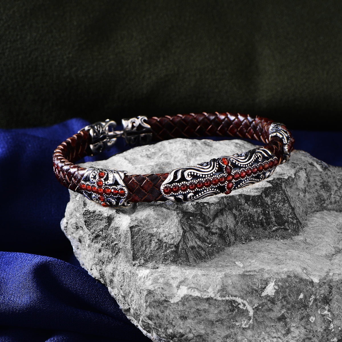 Silver Handmade Ruby Stone Red Leather Bracelet