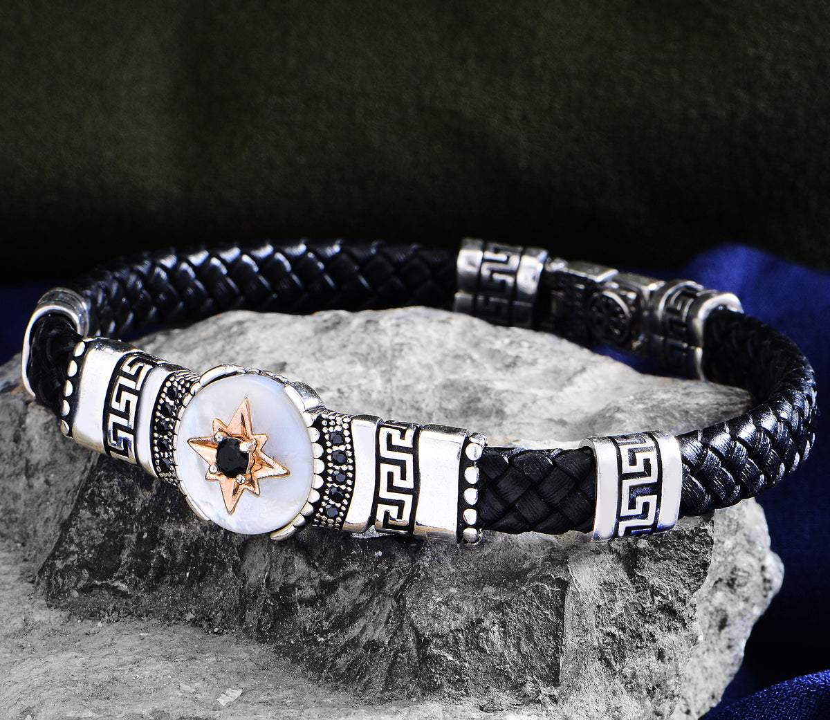 Silver Handmade Leather Mother Of Pearl Bracelet