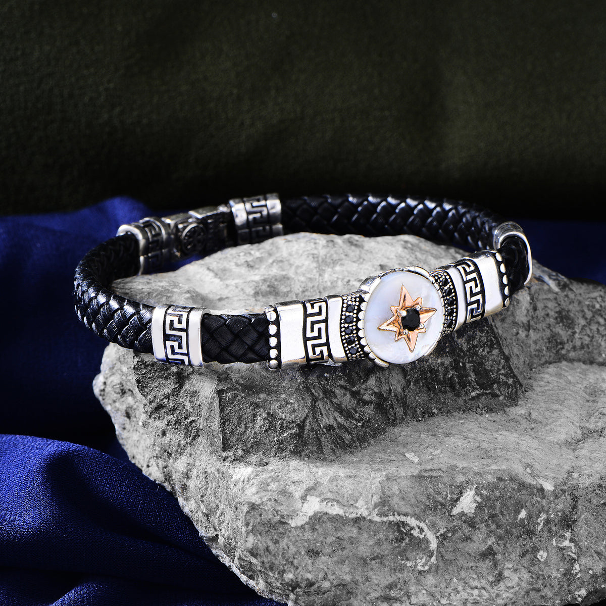 Silver Handmade Leather Mother Of Pearl Bracelet