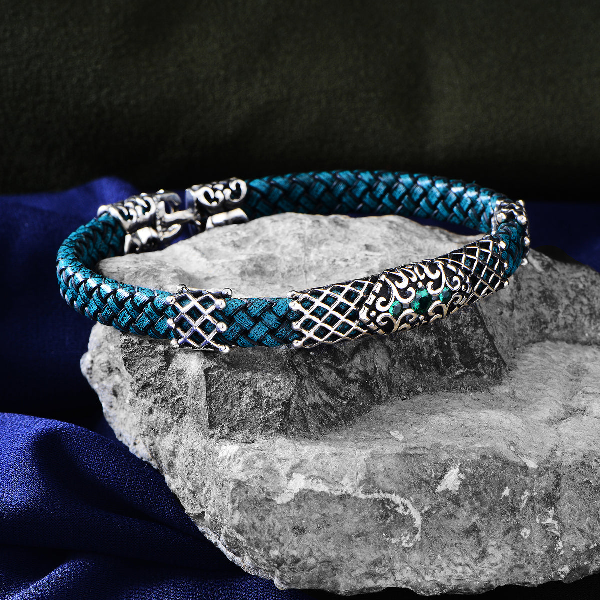 Silbernes Smaragdstein-Grünes Lederarmband