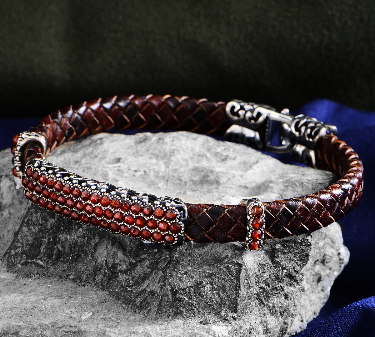Men Silver Handmade Red Ruby Stone Leather Bracelet
