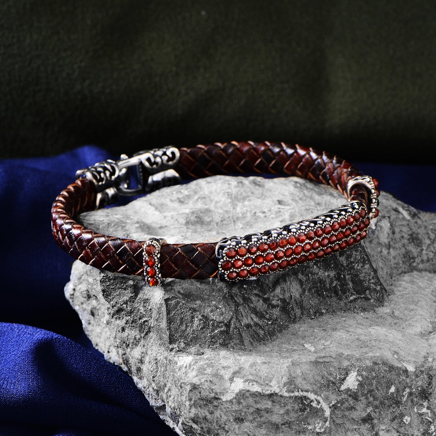 Men Silver Handmade Red Ruby Stone Leather Bracelet