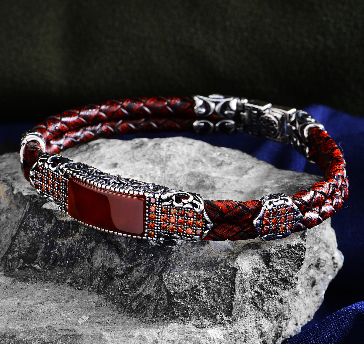 Silver Handmade Red Ruby Stone Leather Bracelet