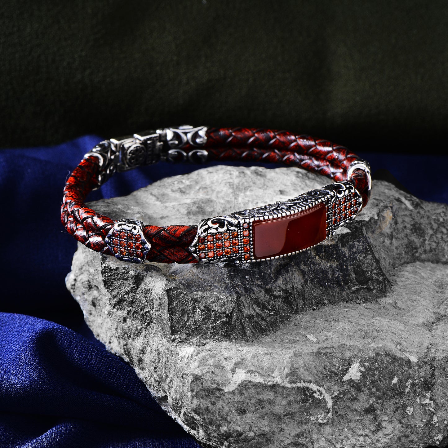 Silver Handmade Red Ruby Stone Leather Bracelet