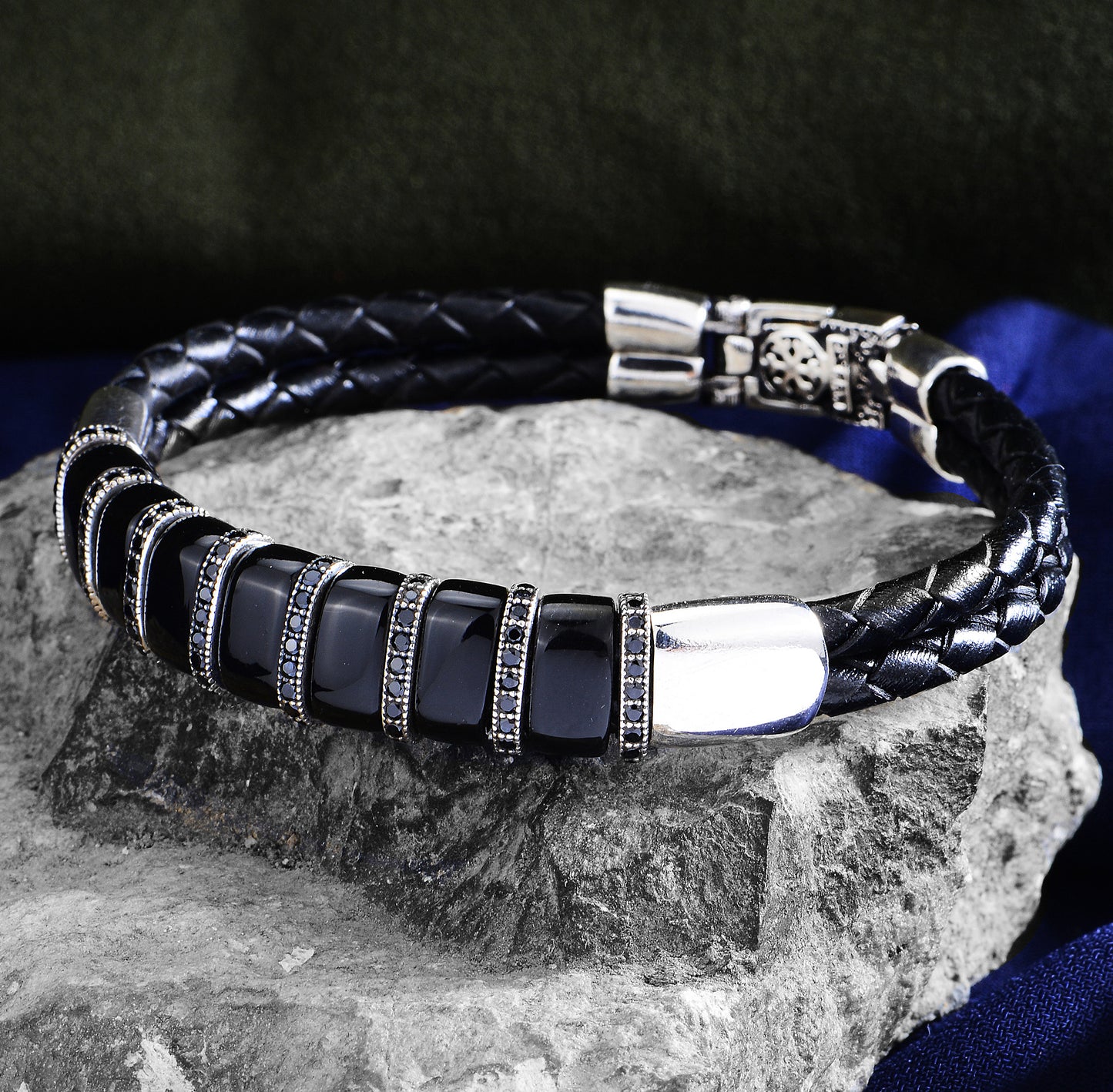Men Silver Handmade Onyx Leather Bracelet
