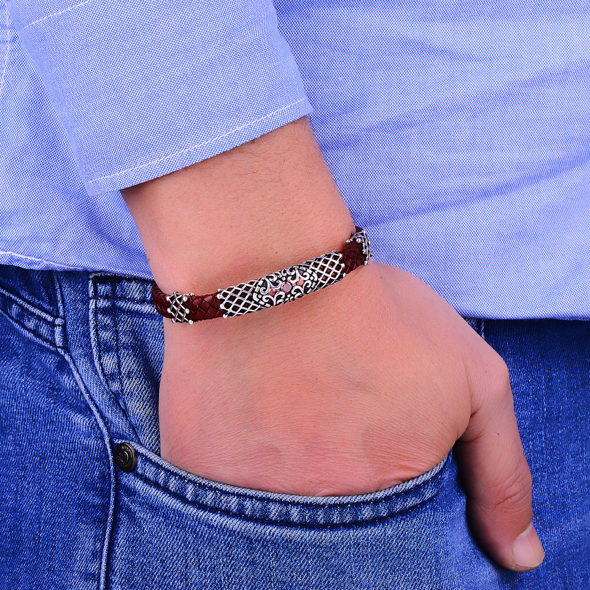 Silver Handmade Ruby Stone Red Leather Bracelet