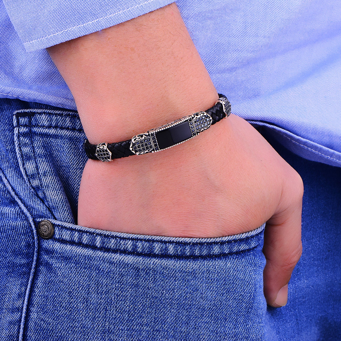 Silver Handmade Onyx Stone Leather Bracelet