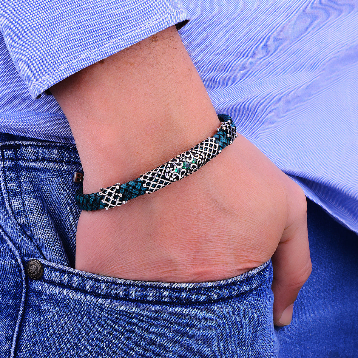 Silbernes Smaragdstein-Grünes Lederarmband