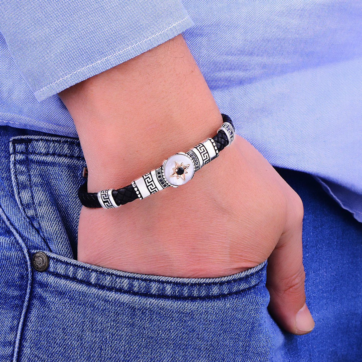 Silver Handmade Leather Mother Of Pearl Bracelet