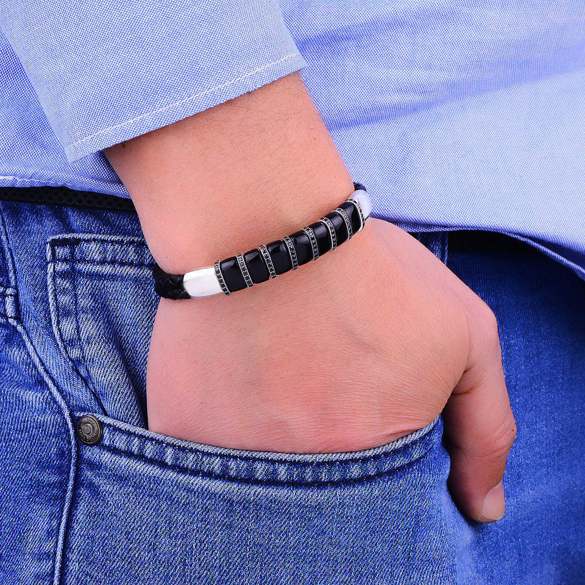 Handgemachtes Lederarmband aus Onyx für Männer