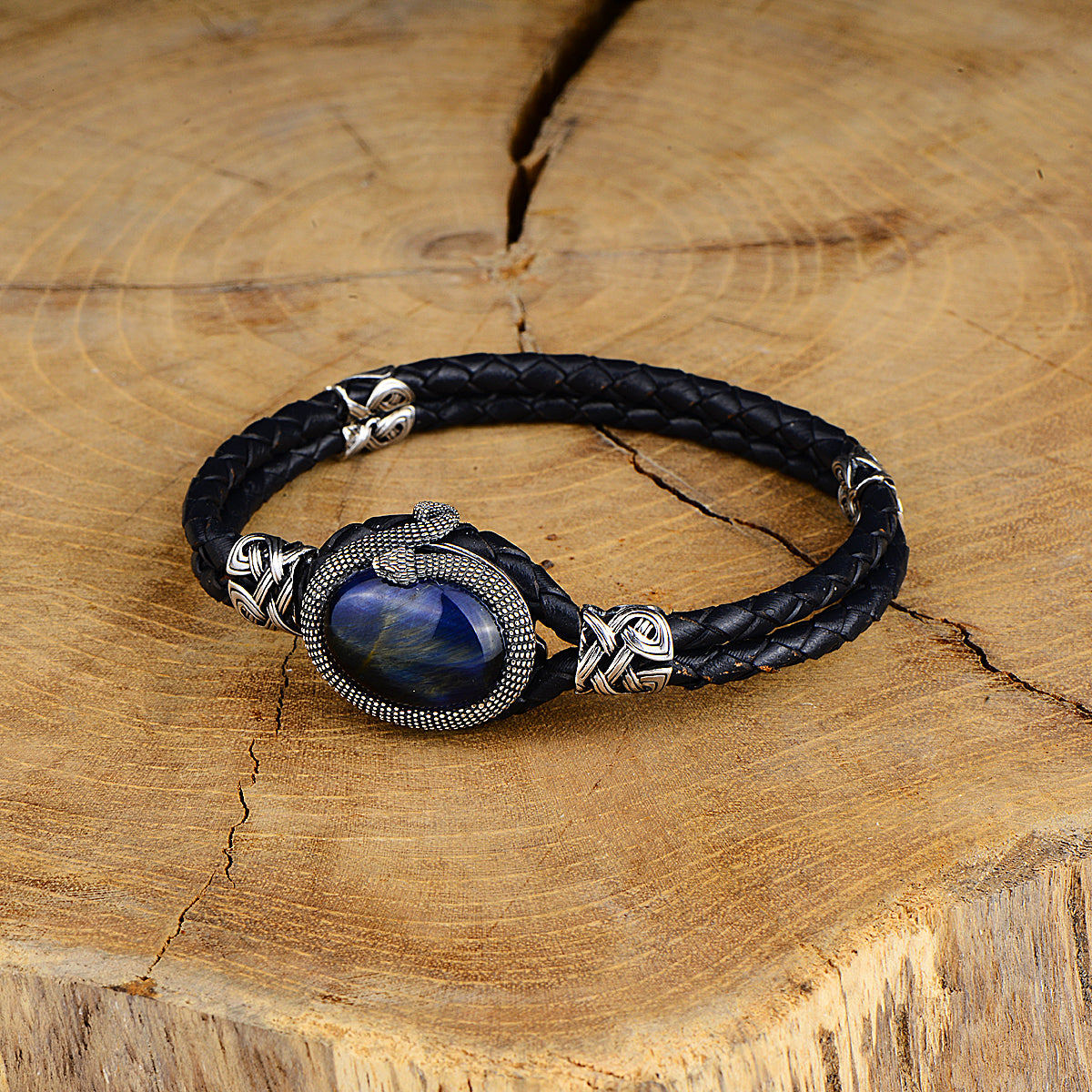 Silver Blue Tiger Eye Stone Leather Bracelet