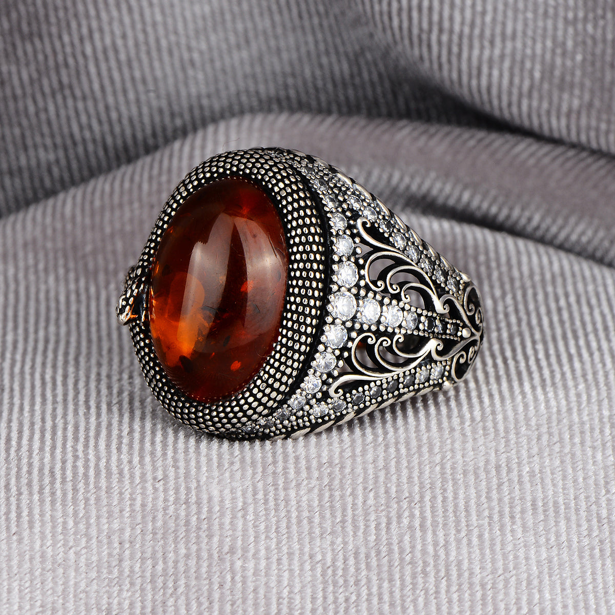 Silver Snake Model Natural Amber Stone Ring