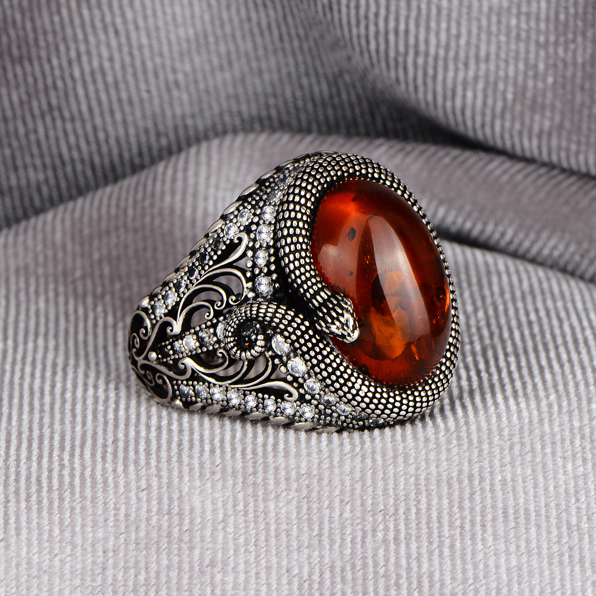 Silver Snake Model Natural Amber Stone Ring