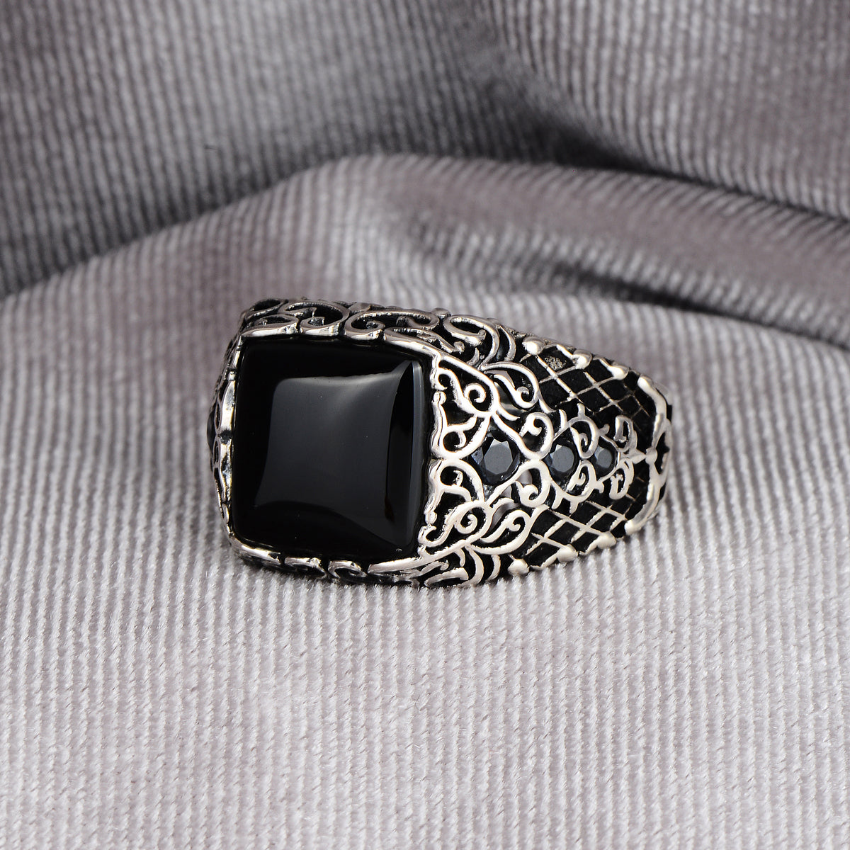 Silver Modern Square Onyx Stone Ring