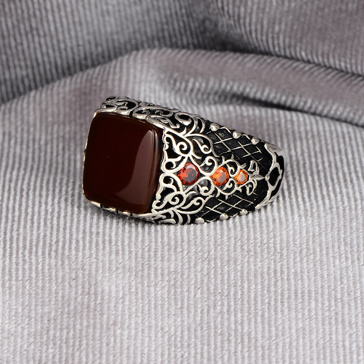 Silver Handmade Minimal Red Agate Stone Ring